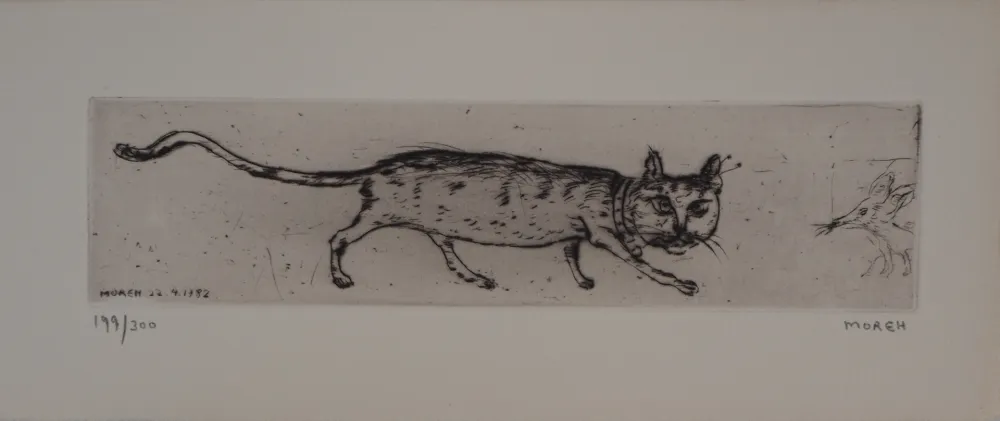 Gravure Moreh - Le matin d'un chat : le chat et la souris