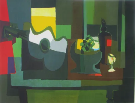 Lithografie Mouly - Guitare et Compotier