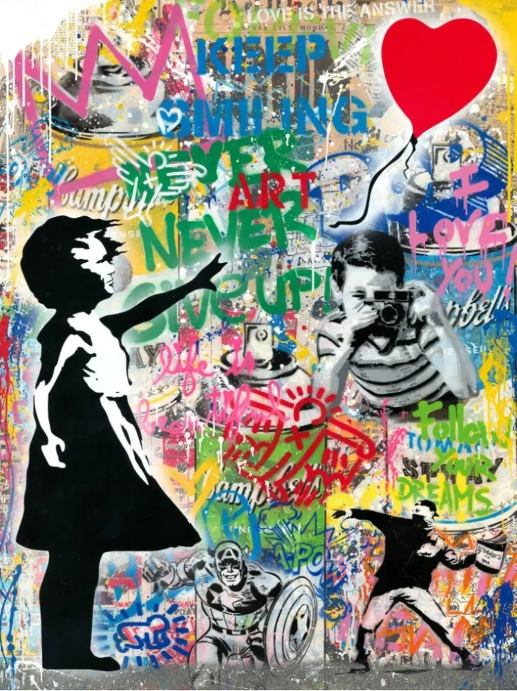 Geen Techniek Mr. Brainwash - Balloon Girl - Banksy Record - Unique Mixed Media Stencil