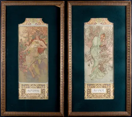 Lithografie Mucha - Automne & Hiver, 1896 - Set of 2 original decorative lithograph panels - Framed !