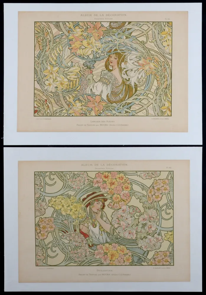 Lithografie Mucha - Byzantine & Langage des Fleurs, c. 1900 - Rare set of 2 original lithographs!