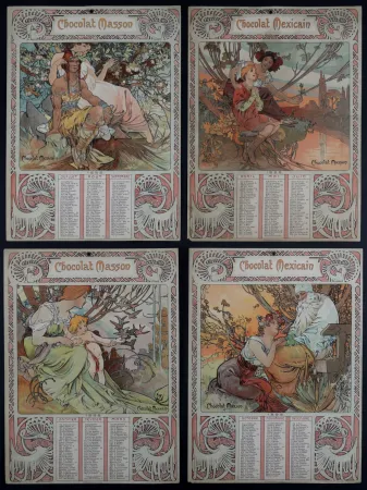 Lithografie Mucha - Chocolat Masson / Chocolat Mexicain, 1897 - A set of four original lithographs in colors