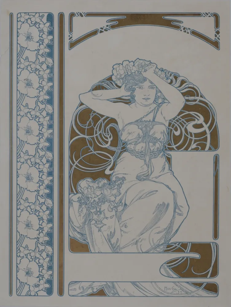 Lithografie Mucha - Elegante à la couronne de fleurs