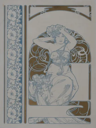 Lithografie Mucha - Elegante à la couronne de fleurs