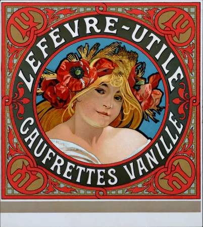 Lithografie Mucha - Lefèvre-Utile, Gaufrettes vanille - Lithograph enhanced with golden ink (Very scarce!)