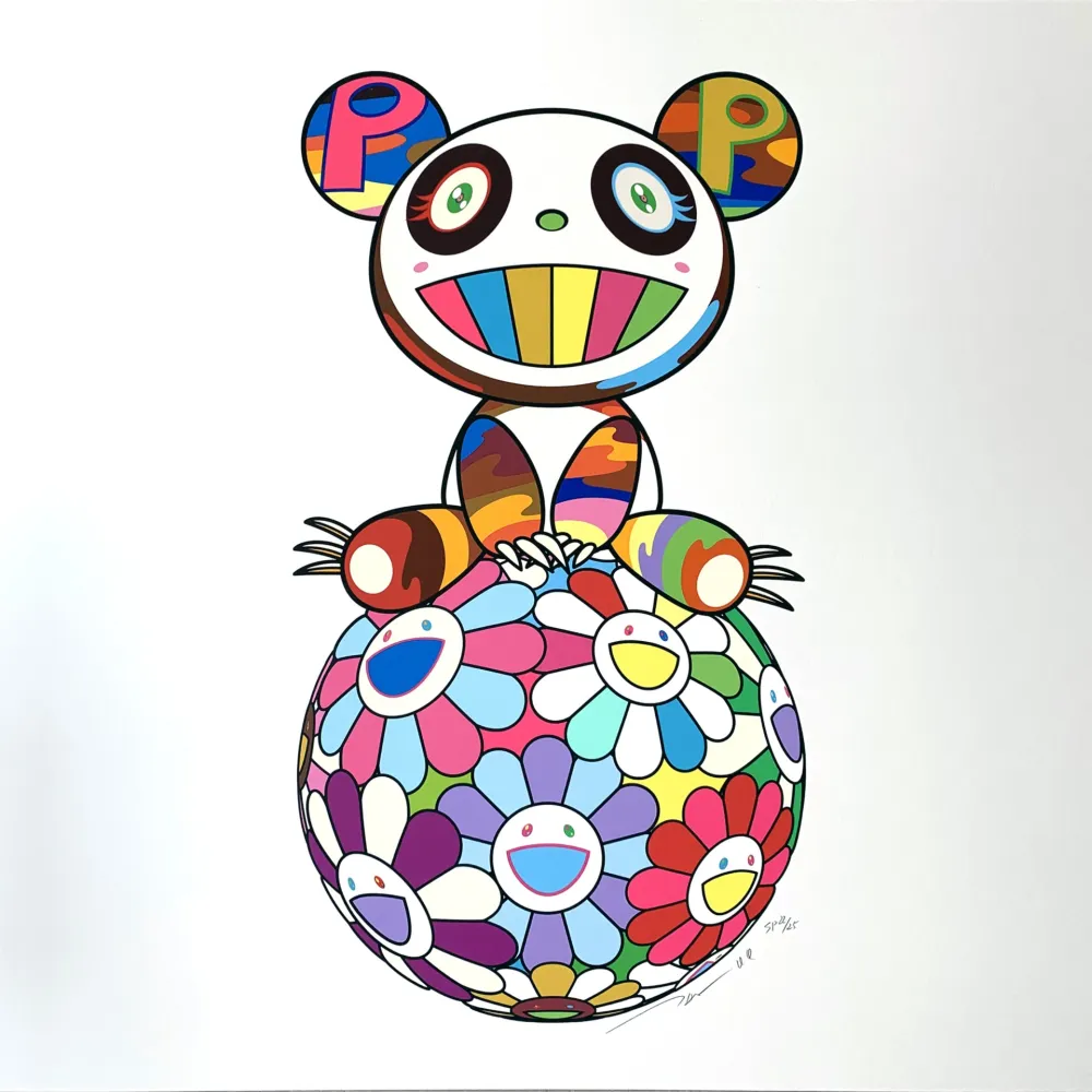Zeefdruk Murakami - Atop a Ball of Flowers, A Panda Cub Sits Properly