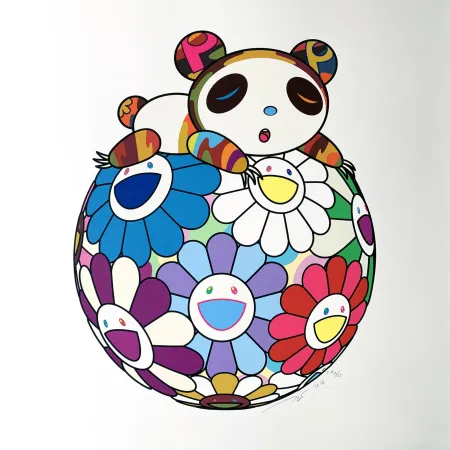 Zeefdruk Murakami - Atop a Ball of Flowers, A Panda Cub Sleeps