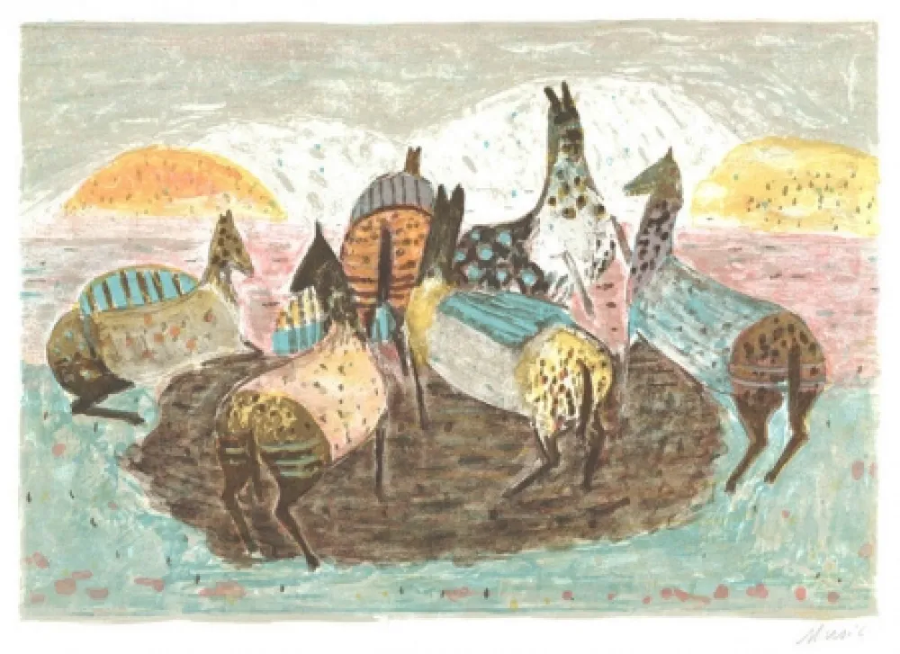 Lithografie Music - Spielende pferde