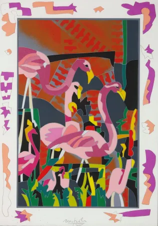 Gravure Nespolo - Ugo Nespolo (1941) - Fenicotteri rosa - screen printing on paper