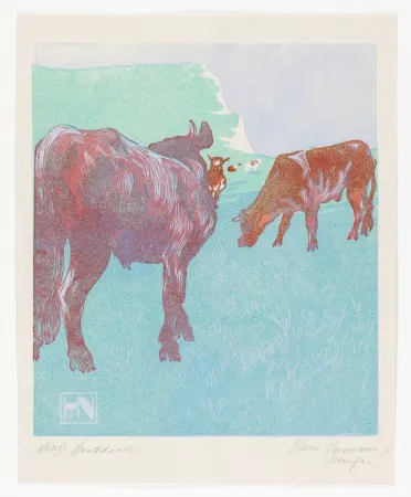 Houtsnede Neumann - Jungbullen auf der Weide (Young bulls in the pasture)