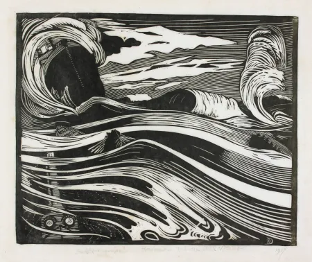 Houtsnede Nijland - Duikboot en mijn (Submarine and Mine)