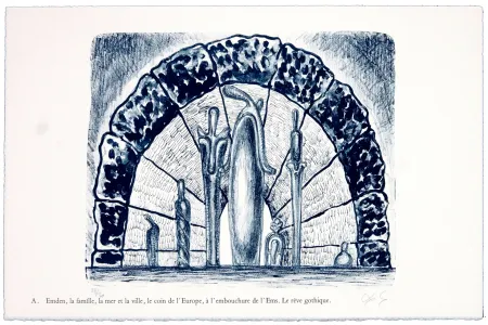 Lithografie Nørgaard - A. Emden, la famille, la mer et la ville, le coin de l'Europe, l'embouchure de l'Ems. Le rêve gothique