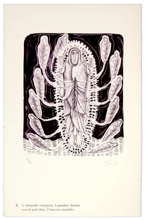 Lithografie Nørgaard - B. L'immaculée conception, la paradoxe chrétien, tous les petits Jésus, l'innocence momifiée