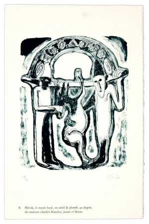 Lithografie Nørgaard - B. Mérida, le musée local, un soleil de plomb, 40 degrés, des maisons chaulées blanches, jaunes et bleues