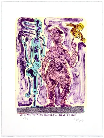 Lithografie Nørgaard - Un homme et sa femme découvrent un drôle d’oiseau