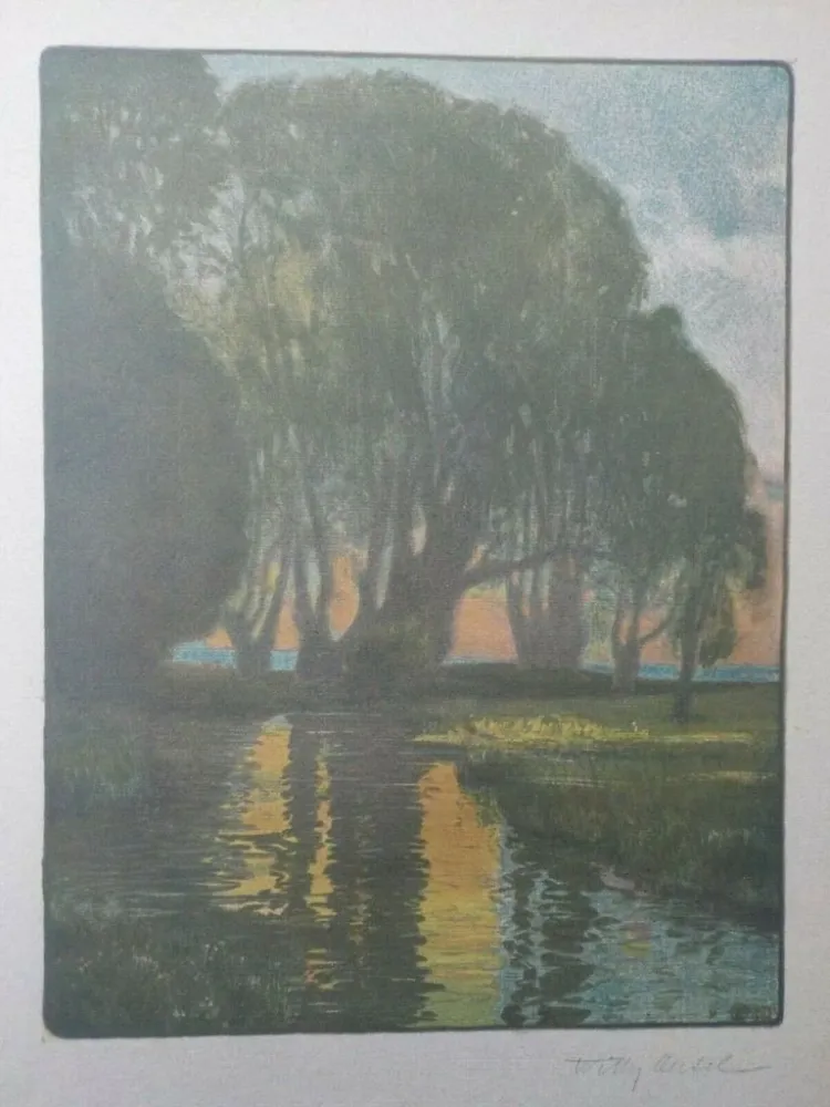 Lithografie Oertel - Abend am Bach