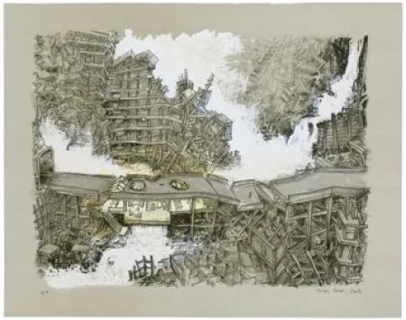 Lithografie Oiwa - Waterfall House