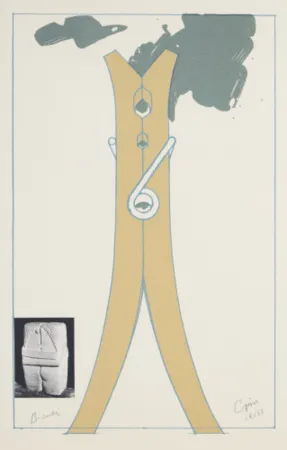 Zeefdruk Oldenburg - Proposal for a Colossal Structure in the Form of a Clothespin-Compared to Brancusi's Kiss