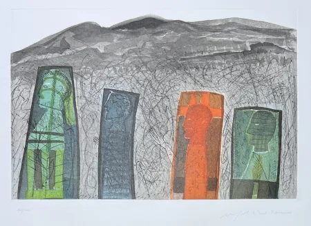 Gravure Paladino - Mimmo Paladino (1948) - Sguardo a destra - color etching - 2000