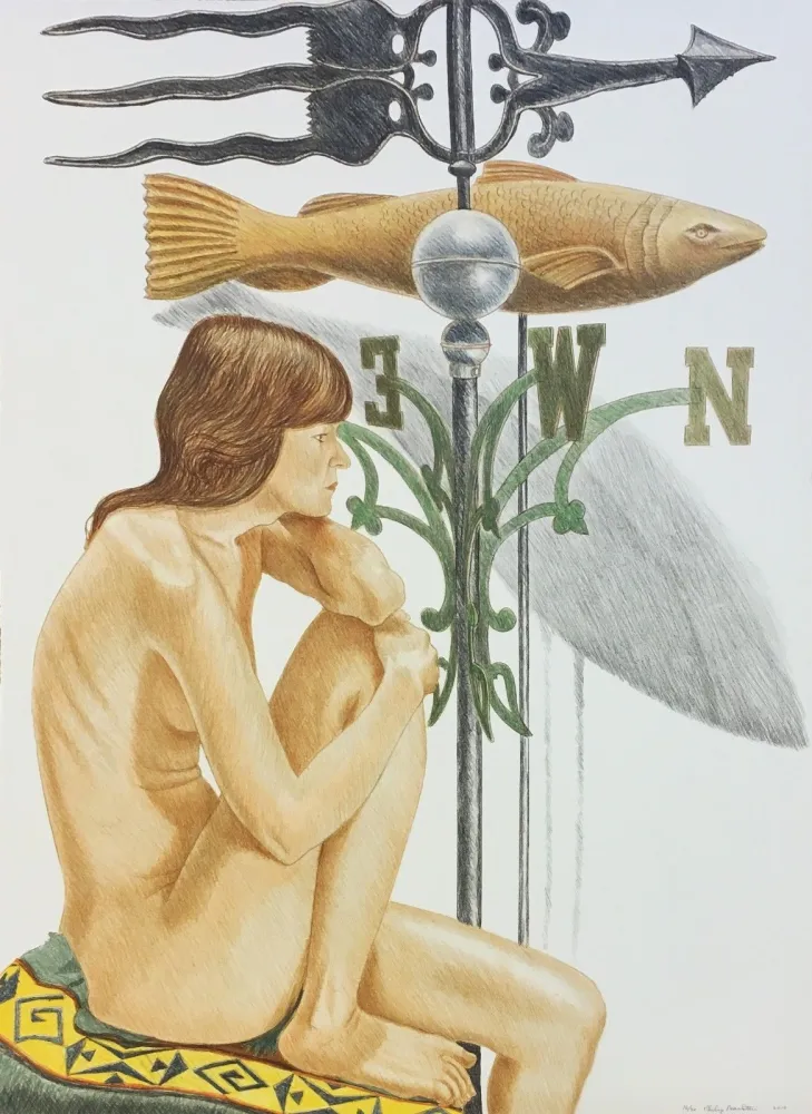 Lithografie Pearlstein - NUDE MODEL WITH BANNER AND FISH WEATHERVANE