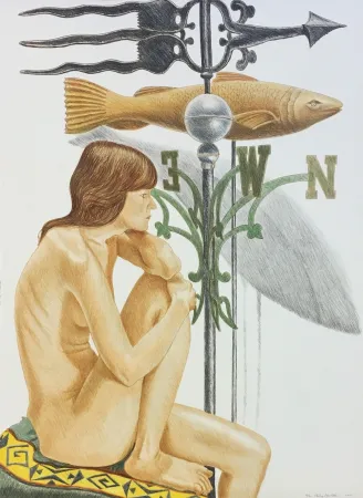 Lithografie Pearlstein - NUDE MODEL WITH BANNER AND FISH WEATHERVANE