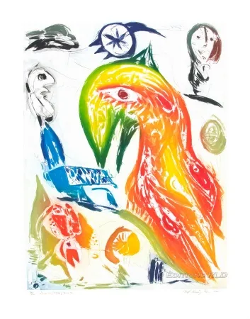 Ets En Aquatint Pedersen - L'Oiseau et l'étoile filante