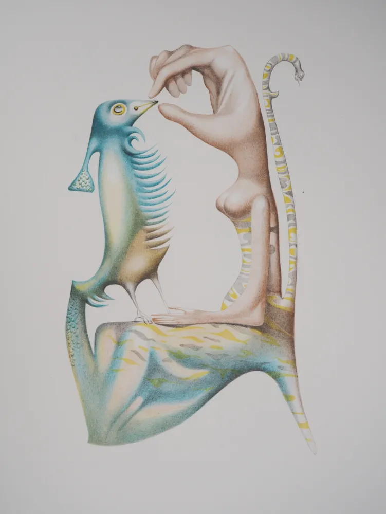 Lithografie Pérahim - L'Alphabet Hébreu : Homme et oiseau