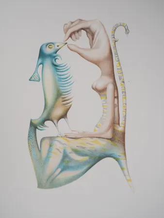 Lithografie Pérahim - L'Alphabet Hébreu : Homme et oiseau