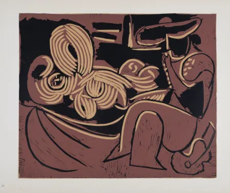 Linosnede Picasso (After) - Femme couchée et homme à la guitare, 1962