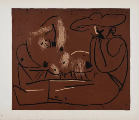 Linosnede Picasso (After) - Femme couchée et homme au grand chapeau, 1962