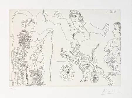 Gravure Picasso - Da Le Cocu Maquifique: Femme equilib­riste enlevee par un vieillard barbu a bicyclette devant le cocu et des spectateurs