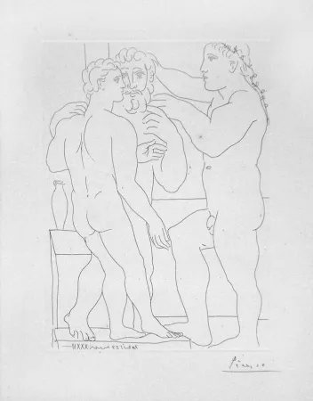 Gravure Picasso - Deux hommes sculptes - Two male statues - Three Men Standing
