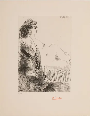 Aquatint Picasso - Femme au divan avec une jeune fille et un vieilliard assis