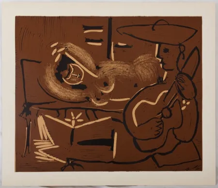 Linosnede Picasso - Femme couchée et guitariste au chapeau