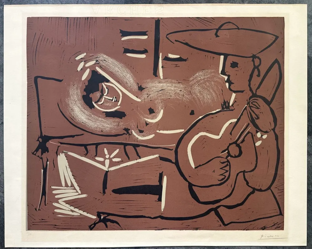 Linosnede Picasso - FEMME COUCHÉE ET GUITARISTE. Linogravure originale signée (1959)