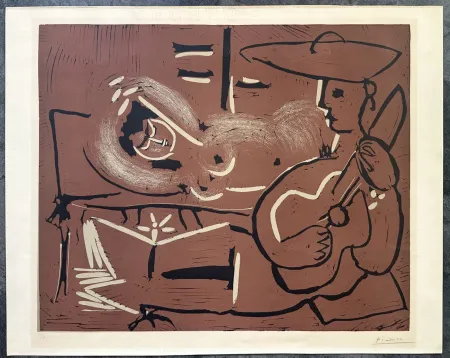 Linosnede Picasso - FEMME COUCHÉE ET GUITARISTE. Linogravure originale signée (1959)