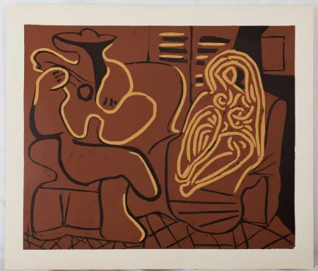 Linosnede Picasso - Femme dans un fauteuil et guitariste
