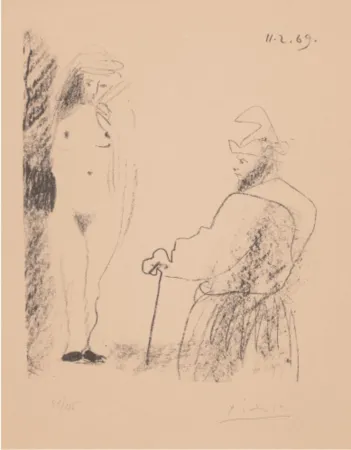 Lithografie Picasso - Femme Nue et Homme à la Canne