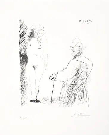 Lithografie Picasso - Femme nue et homme à la canne