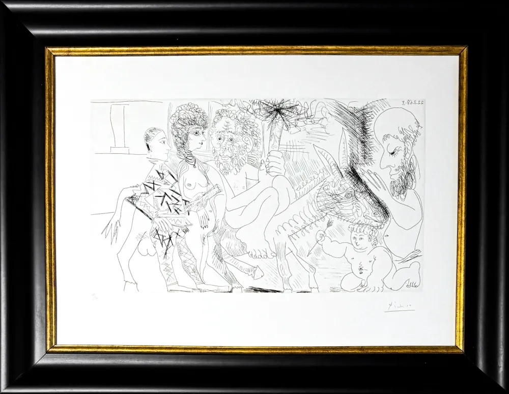 Ets Picasso - Groupe avec vieillard à la torche sur un âne amoureux, femme et arlequin