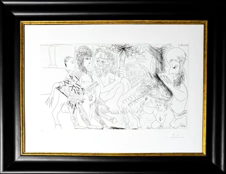 Ets Picasso - Groupe avec vieillard à la torche sur un âne amoureux, femme et arlequin