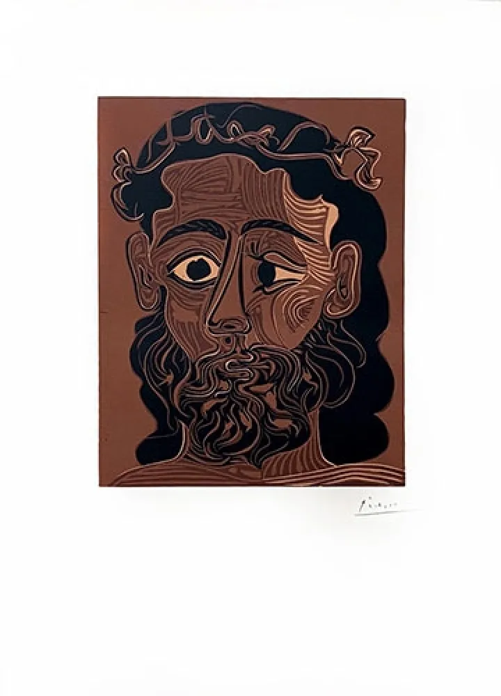 Linosnede Picasso - Homme barbu couronné de vignes