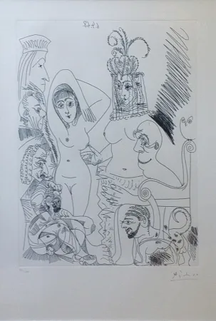 Ets Picasso - Homme barbu songeant à une scène des Mille et une nuits, avec derrière lui des ancêtres réprobateurs