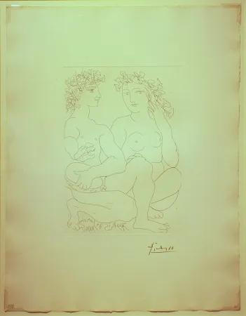 Gravure Picasso - Jeune Couple,Accroupi,l'Homme avec un tambourin