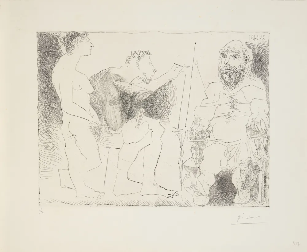 Gravure Picasso - Pablo Picasso (1881–1973)- Peintre au travail – Etching on BFK Rives paper- 1963