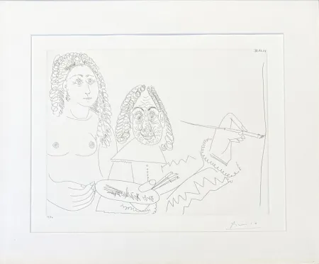 Gravure Picasso - Pablo Picasso (1881–1973) - Peintre Rembranesque avec son Modèle - Etching on wove paper - 1968