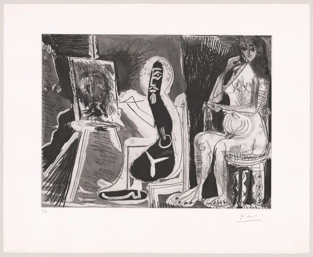 Ets En Aquatint Picasso - Peintre avec le portrait d'un jeune garçon, dans son atelier. 