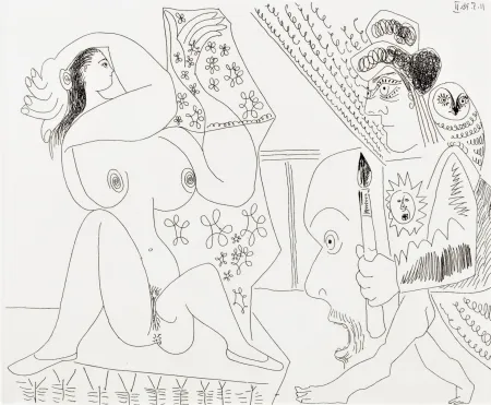 Gravure Picasso - Peintre et modèle