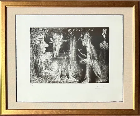 Ets En Aquatint Picasso - Peintre et modèle au fume-cigarette