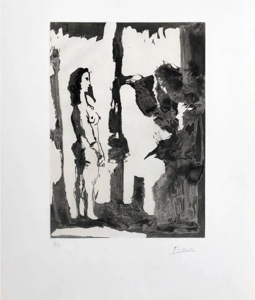 Ets En Aquatint Picasso - Peintre et modèle aux cheveux longs